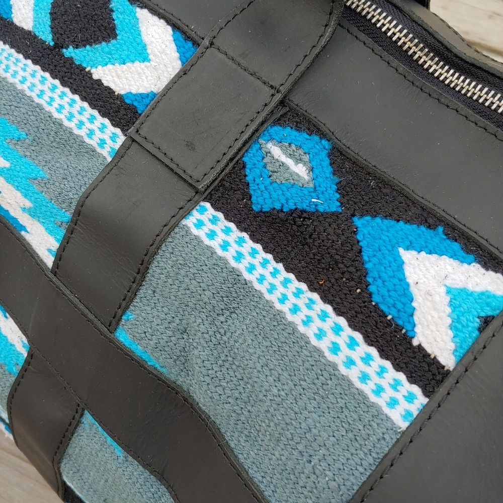 Handmade Saddle Blanket leather duffel bag black turquoise travel boho - Picture 9 of 12